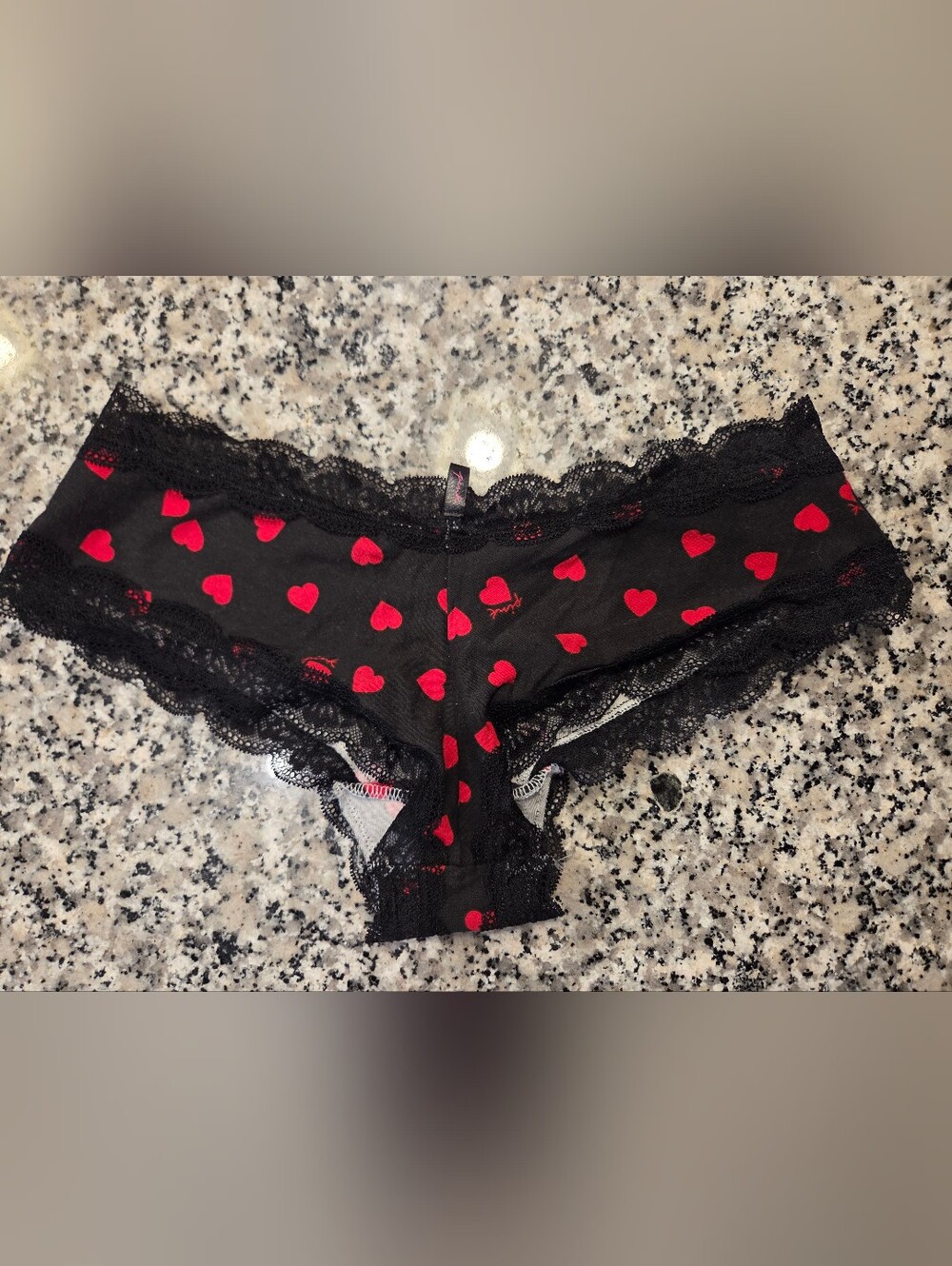 PINK Victoria's Secret Teen Black Cheeky Panty with Red Heart Print